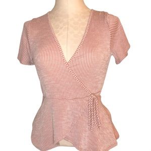 Cute Pink Striped Front Tie Peplum Blouse NWOT
